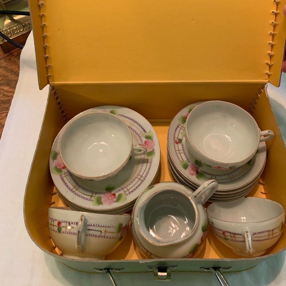 Vintage Porcelain Tea Set Antique with Suitcase